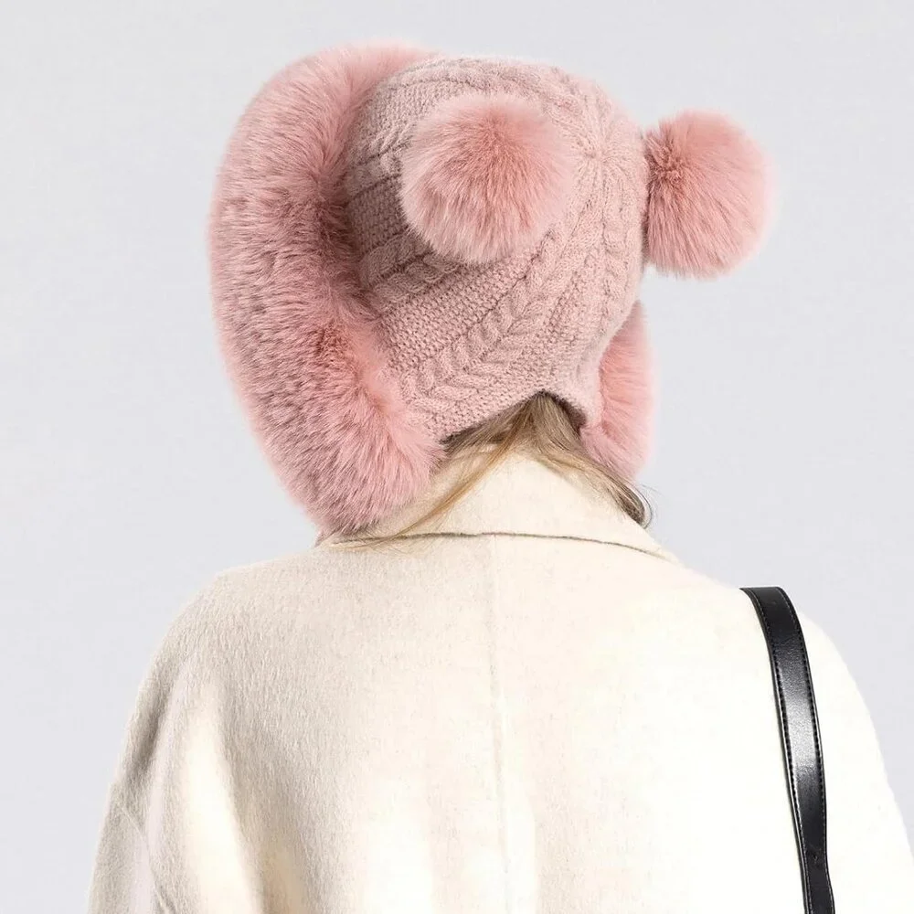 Women pink Winter Sherpa Beanie Hats Knit Ear Flaps Peruvian Cover Ears
